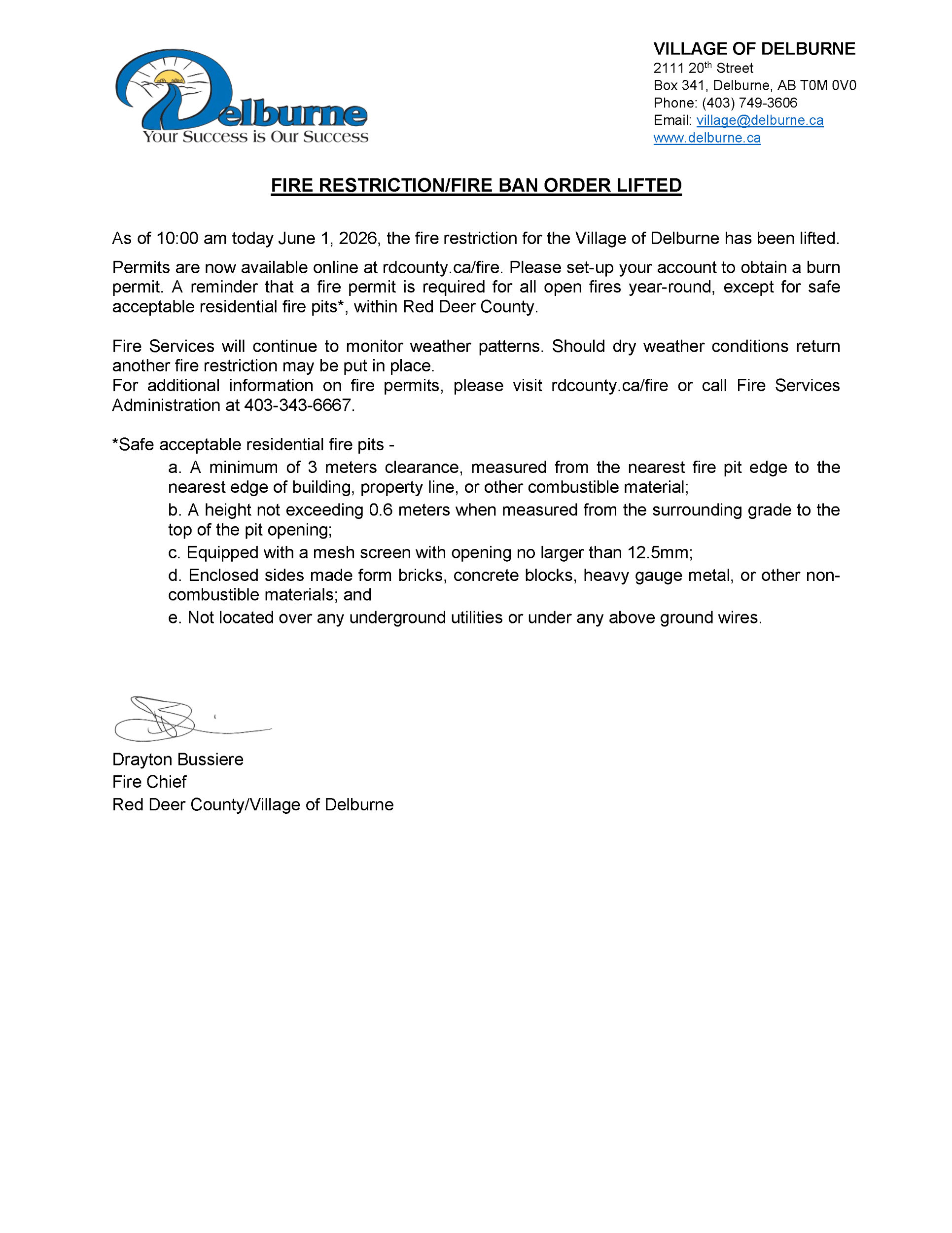 Fire Restriction Order Lifted - Delburne - 2026-06-01.png